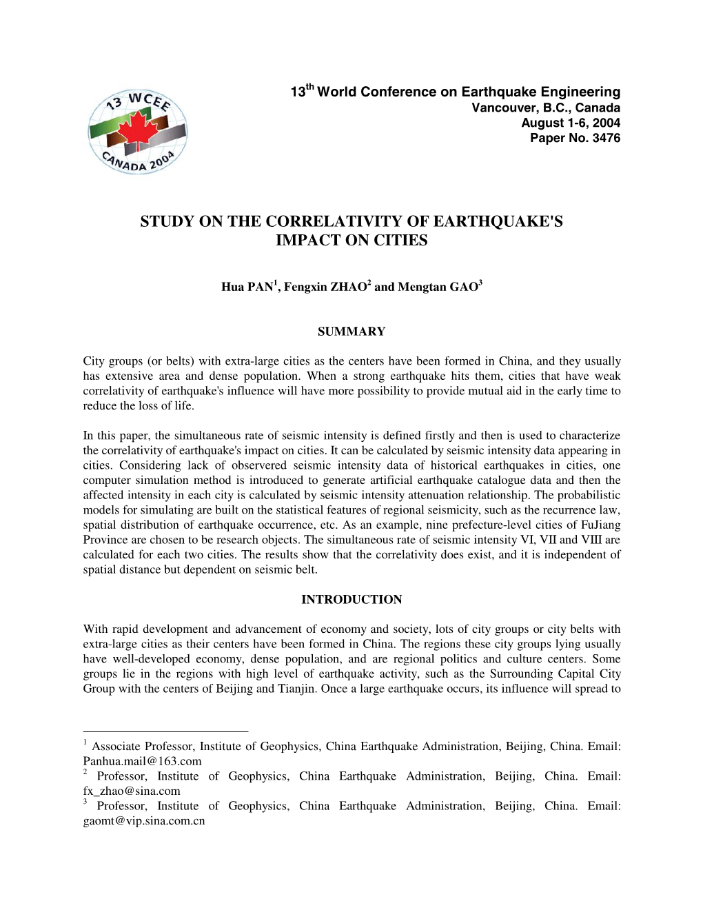 Study on the Correlativity of Earthquake's Impact on Cities