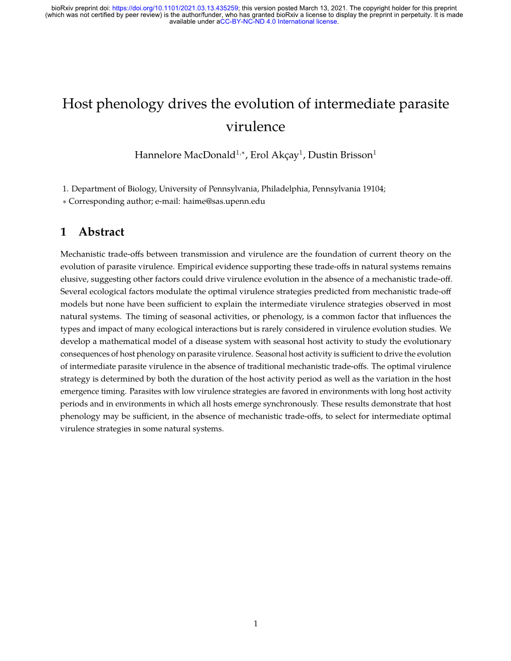 Host Phenology Drives the Evolution of Intermediate Parasite Virulence