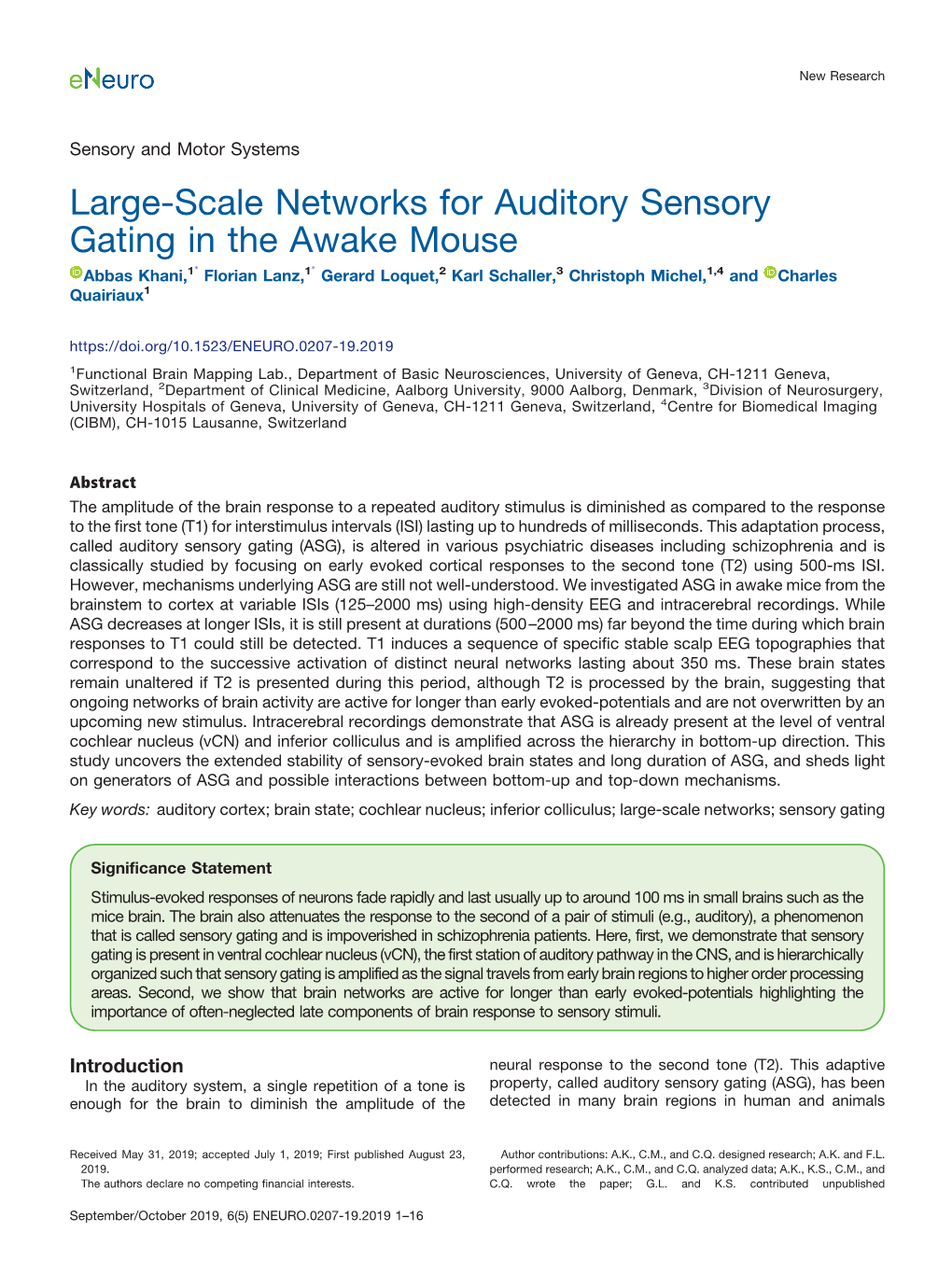 Large-Scale Networks for Auditory Sensory Gating in the Awake Mouse