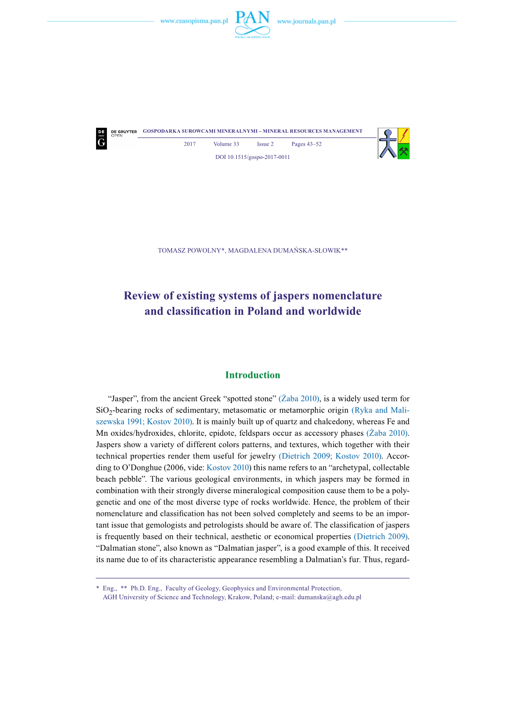 Review of Existing Systems of Jaspers Nomenclature and Classification in Poland and Worldwide