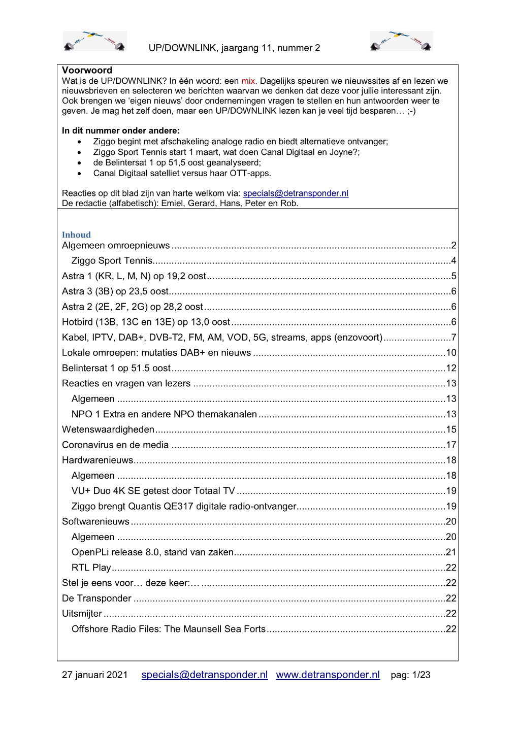 UP/DOWNLINK Van 27 Januari 2021