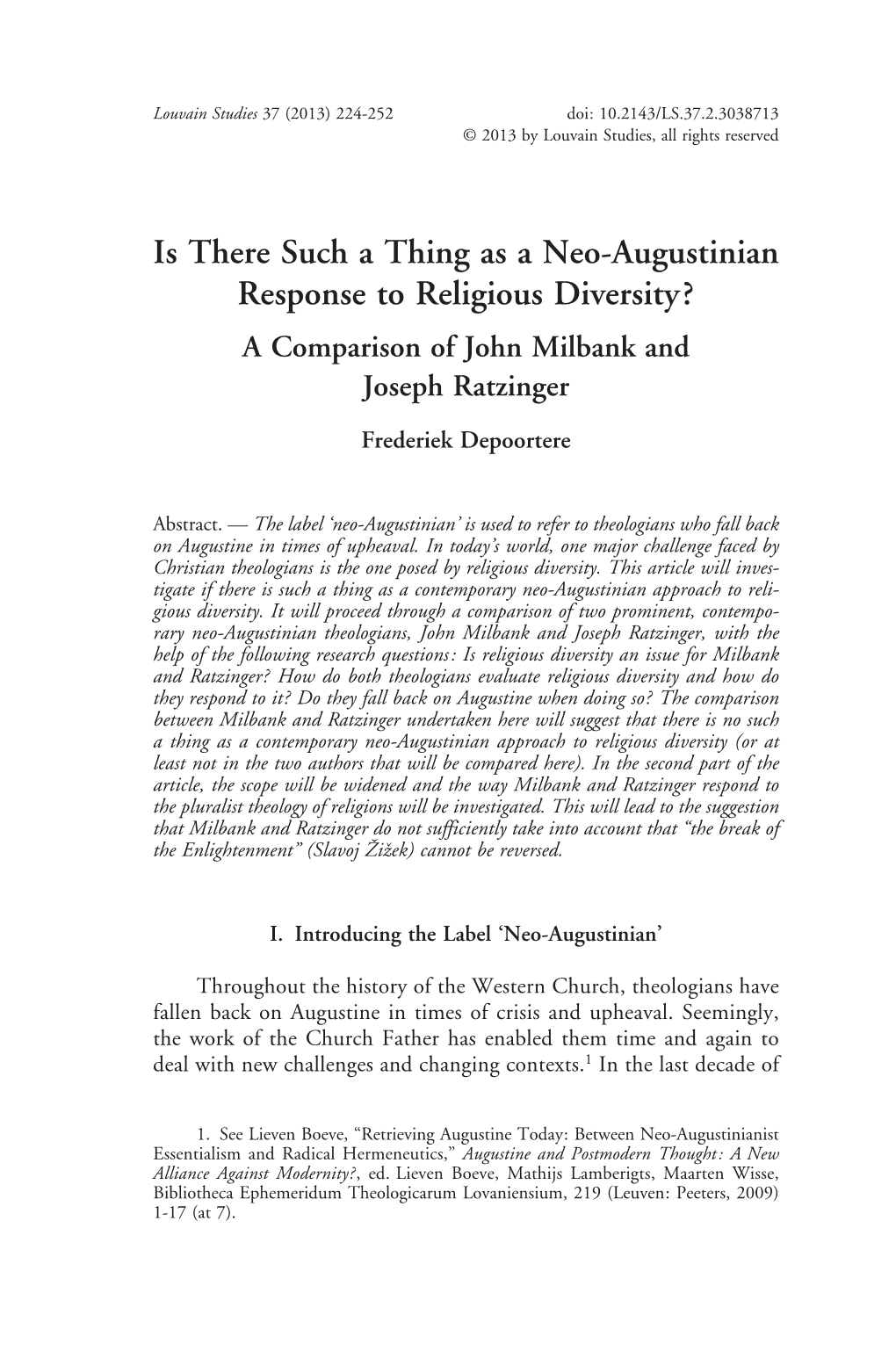 Is There Such a Thing As a Neo-Augustinian Response to Religious Diversity? a Comparison of John Milbank and Joseph Ratzinger