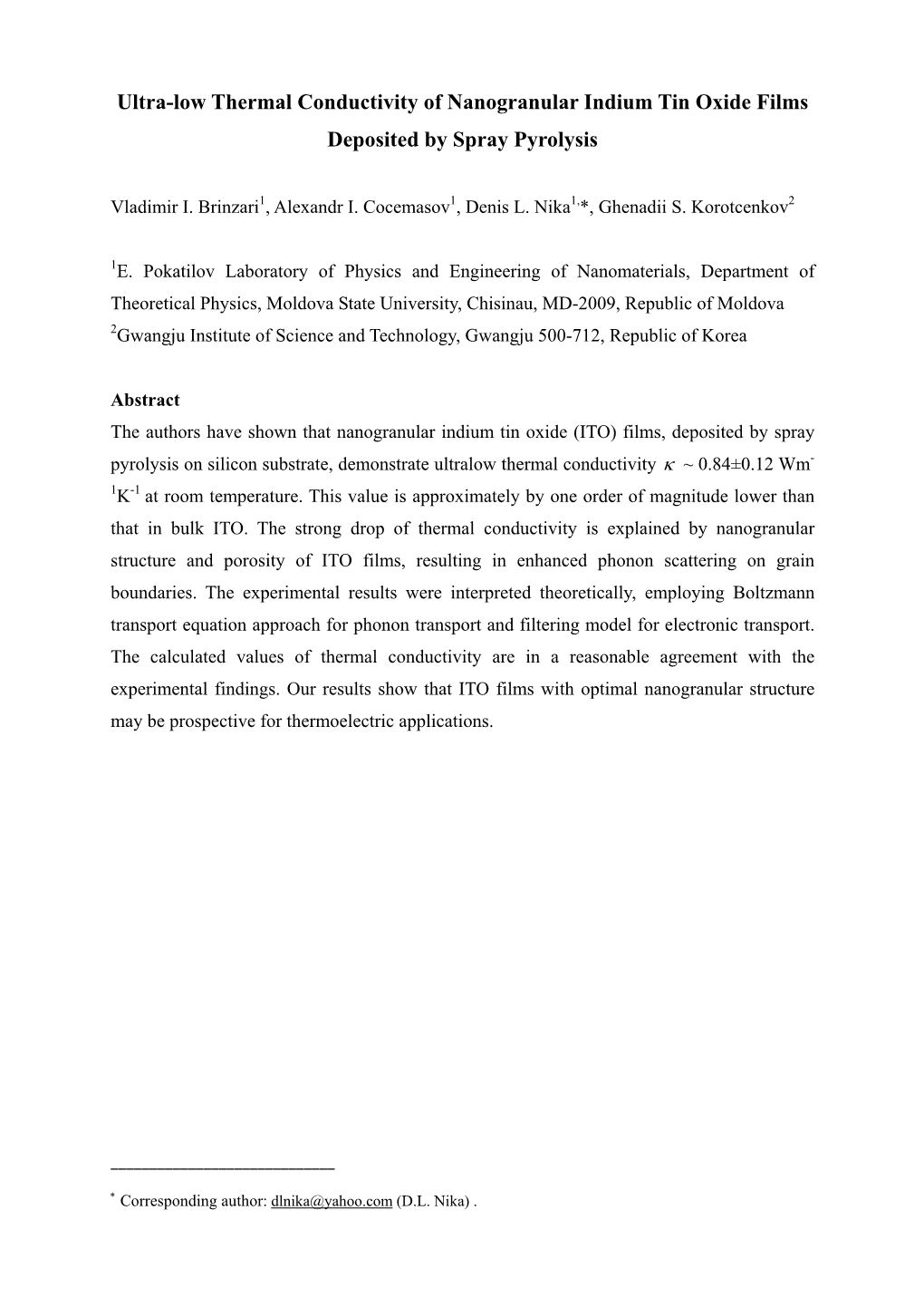 Ultra-Low Thermal Conductivity of Nanogranular Indium Tin Oxide Films Deposited by Spray Pyrolysis