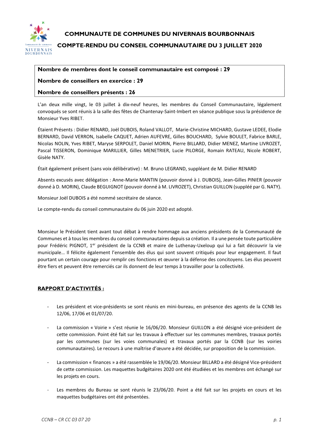 Communaute De Communes Du Nivernais Bourbonnais Compte-Rendu Du Conseil Communautaire Du 3 Juillet 2020