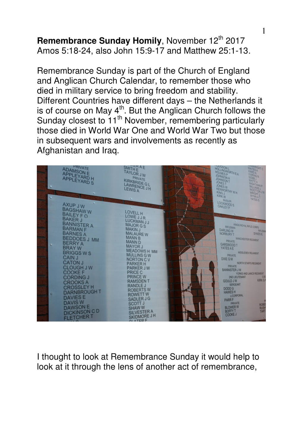 1 Remembrance Sunday Homily, November 12Th 2017 Amos 5:18-24