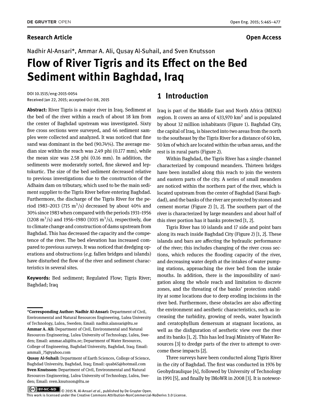 Flow of River Tigris and Its Effect on the Bed Sediment Within Baghdad, Iraq