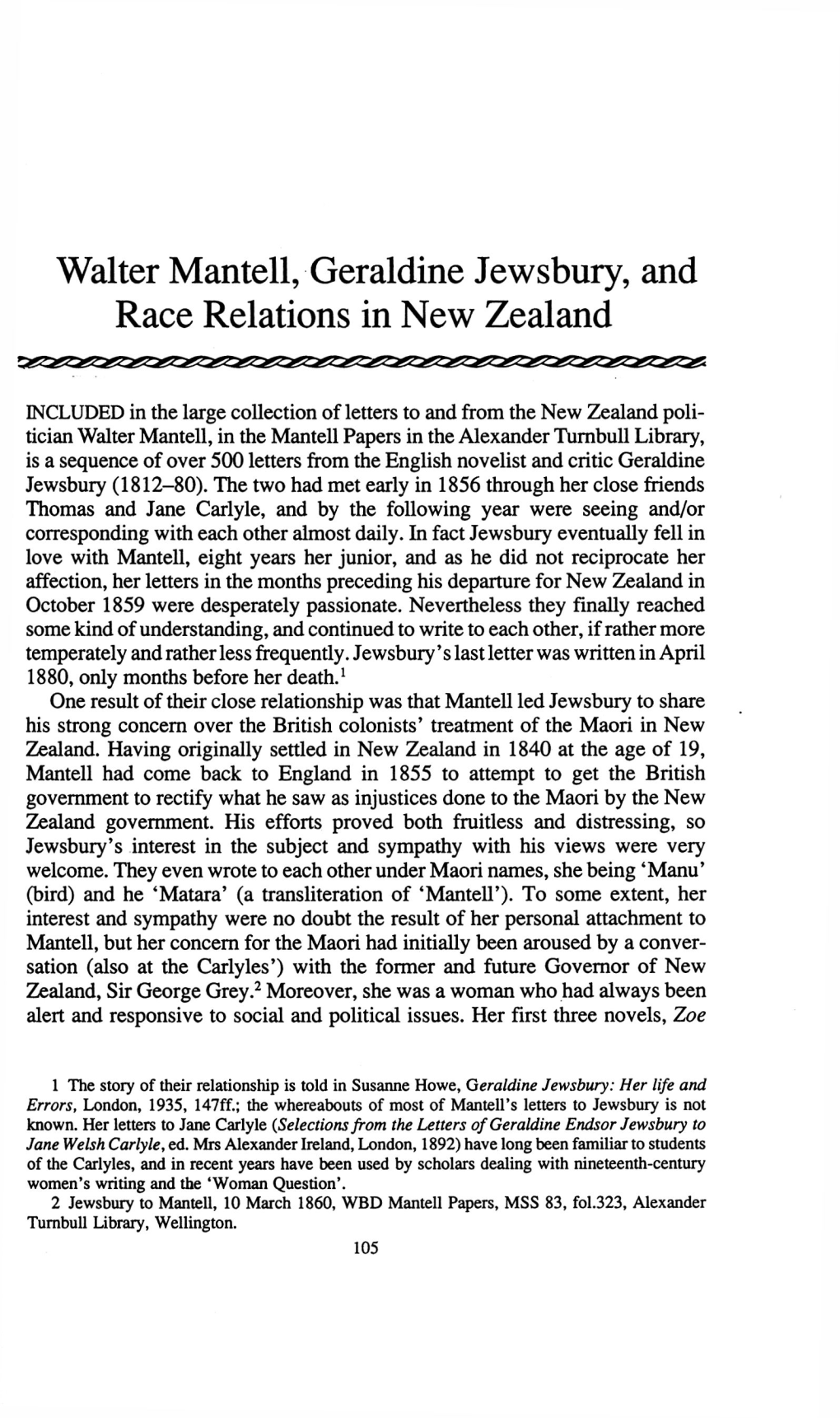 Walter Mantell, Geraldine Jewsbury, and Race Relations in New Zealand