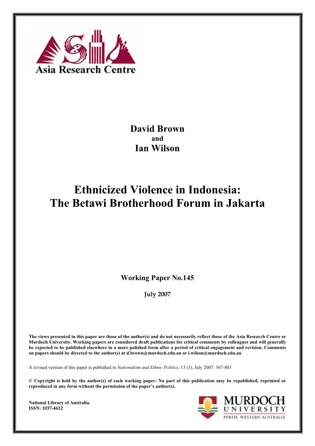 Ethnicized Violence in Indonesia: the Betawi Brotherhood Forum in Jakarta