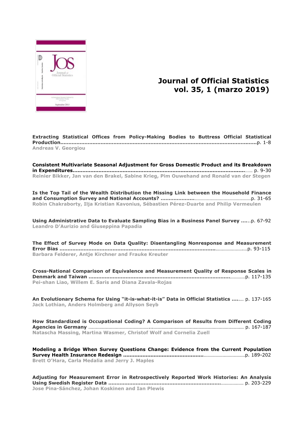 Journal of Official Statistics Vol. 35, 1 (Marzo 2019)