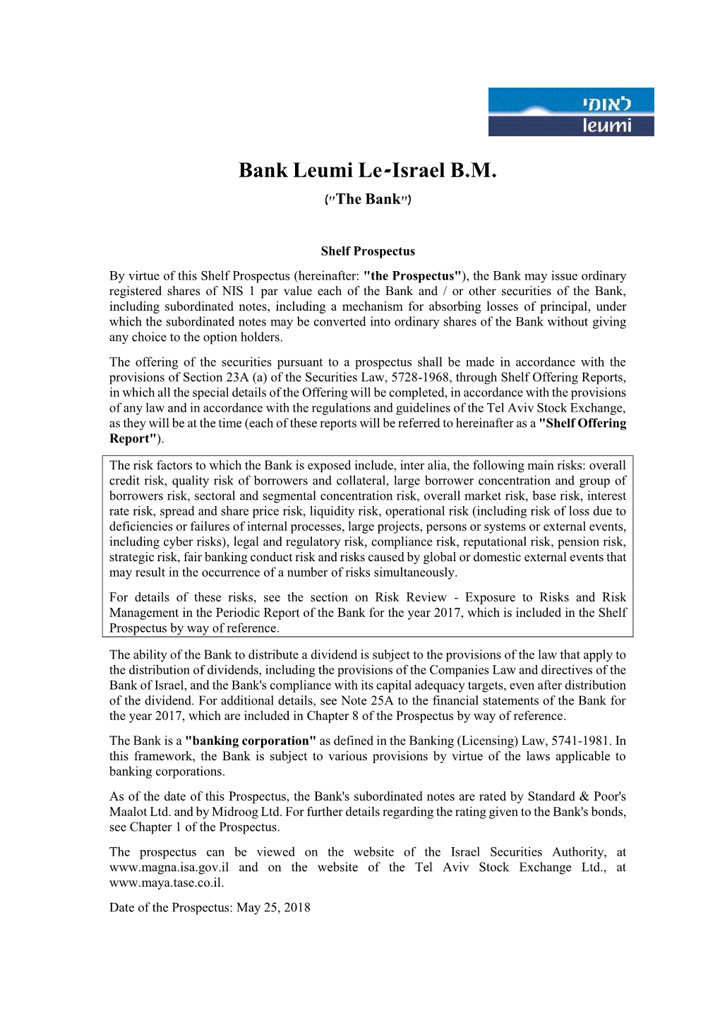 Bank Leumi Le-Israel B.M. )"The Bank"(
