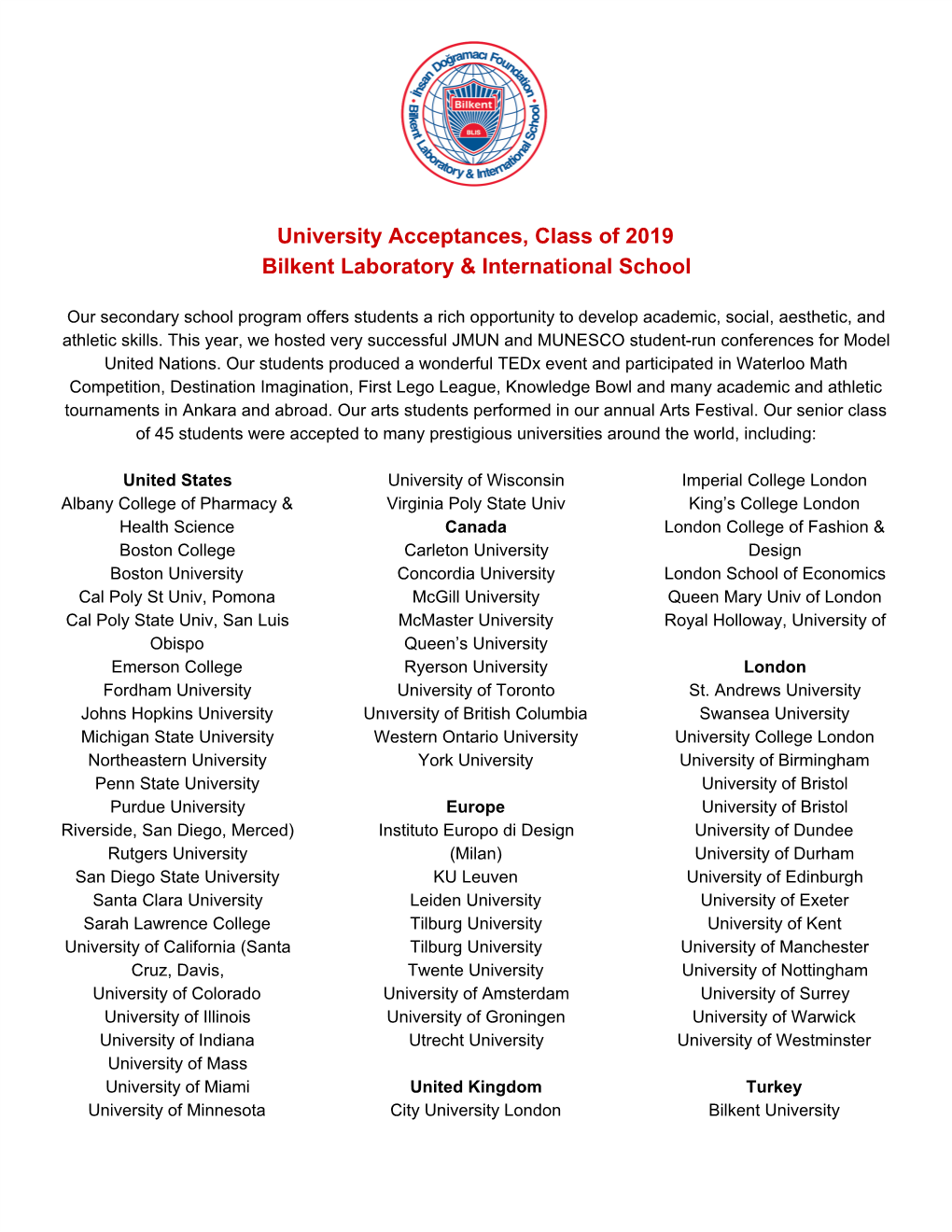 University Acceptances, Class of 2019 Bilkent Laboratory & International School