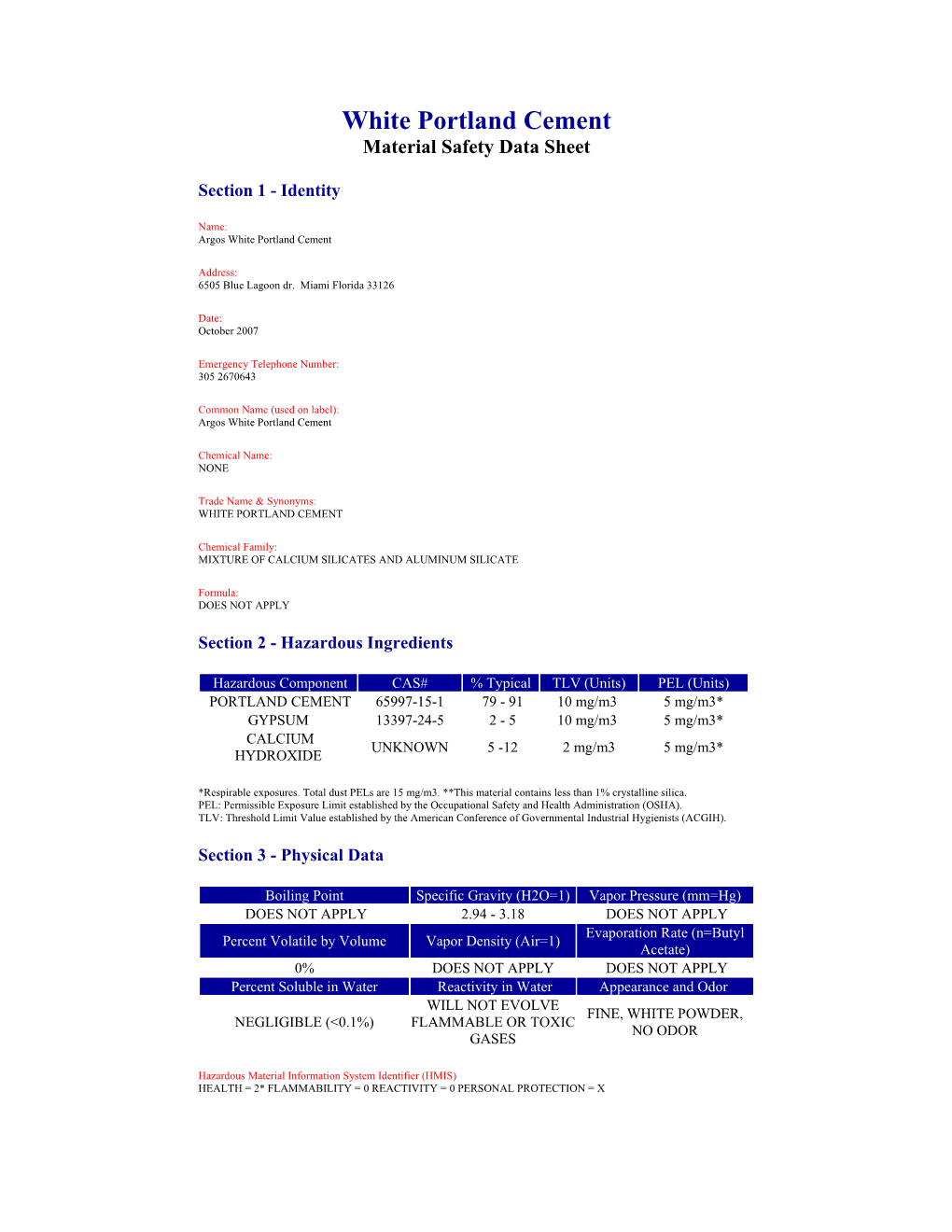 White Portland Cement Material Safety Data Sheet