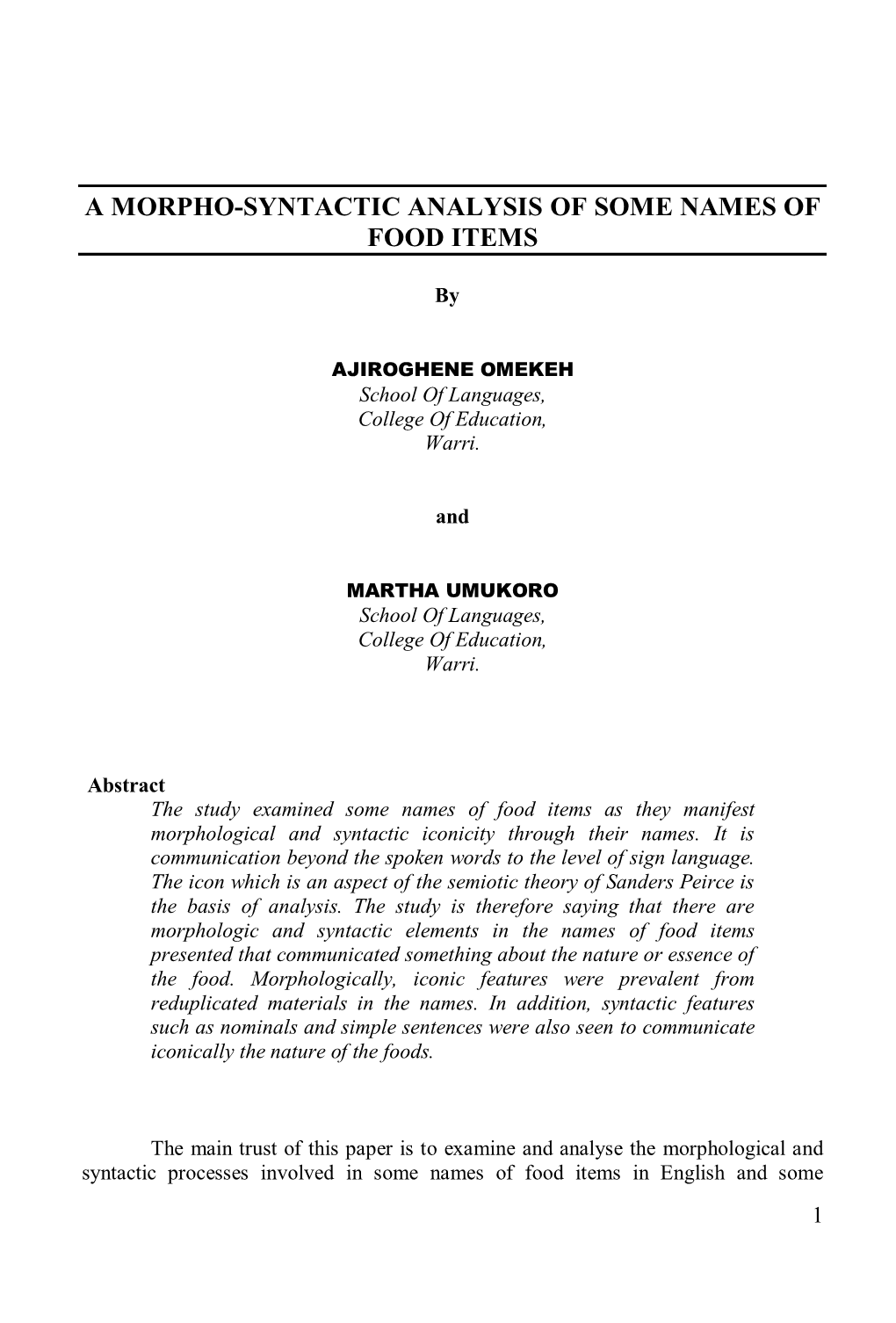 A Morpho-Syntactic Analysis of Some Names of Food Items