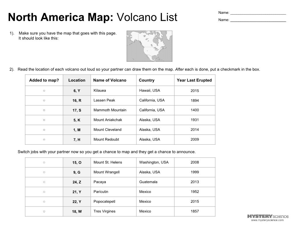 North America Map: Volcano List Name: ______