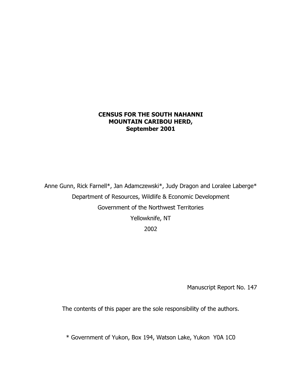 CENSUS for the SOUTH NAHANNI MOUNTAIN CARIBOU HERD, September 2001