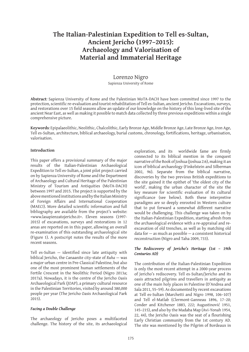 The Italian-Palestinian Expedition to Tell Es-Sultan, Ancient Jericho (1997–2015): Archaeology and Valorisation of Material and Immaterial Heritage