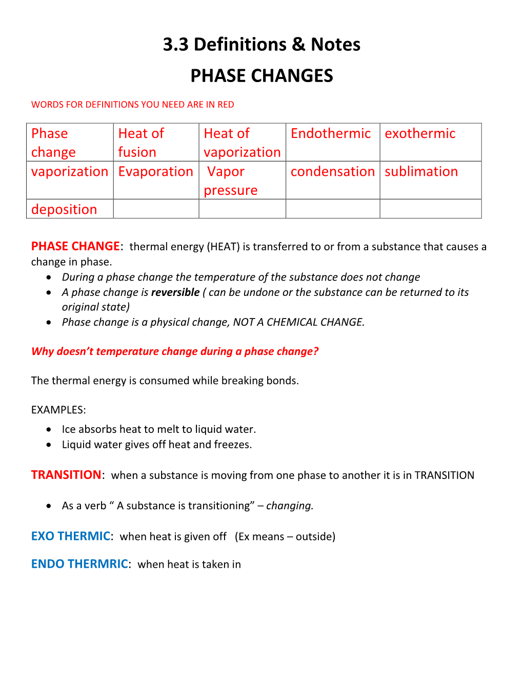 3.3 Definitions & Notes PHASE CHANGES