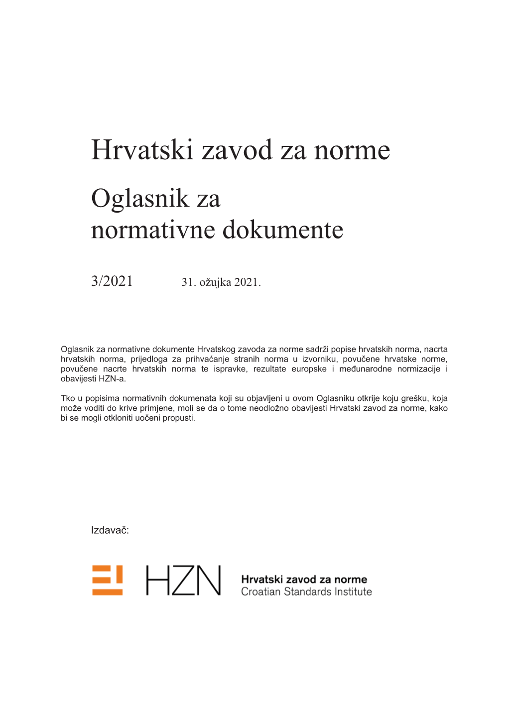 HZN Oglasnik Za Normativne Dokumente 3/2021