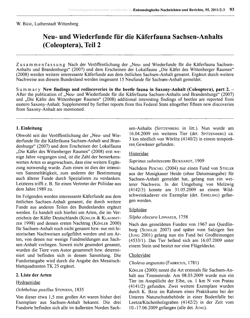 Und Wiederfunde Für Die Käferfauna Sachsen-Anhalts (Coleoptera), Teil 2
