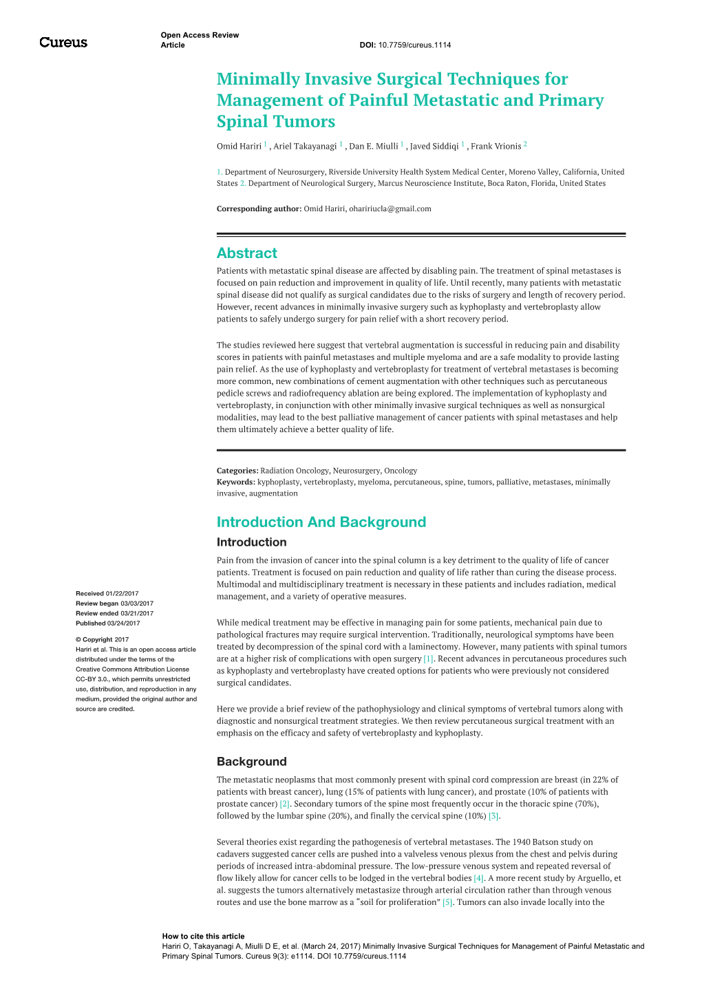 Primary Spinal Tumors Management of Painful Metastatic