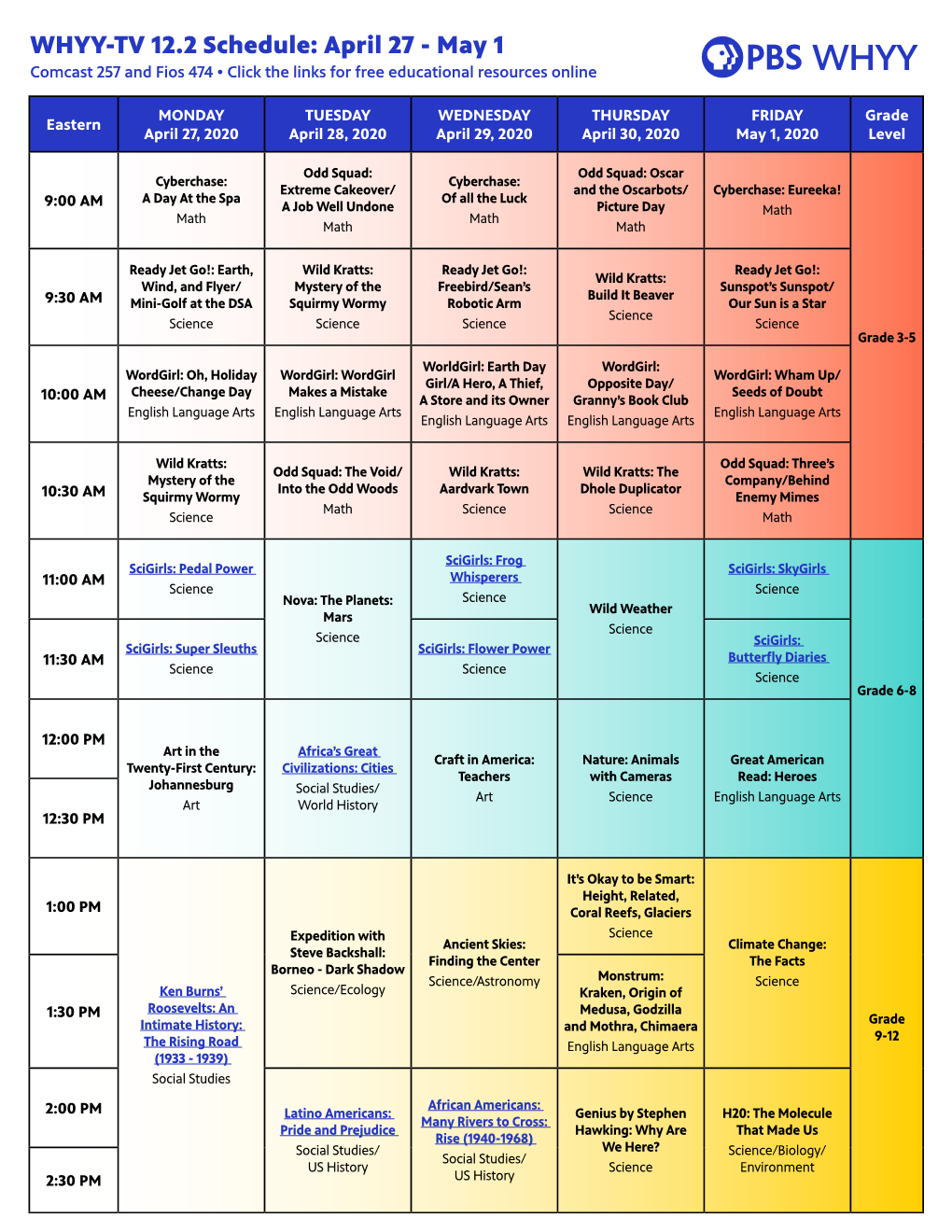 WHYY-TV 12.2 Schedule: April 27 - May 1 Comcast 257 and Fios 474 • Click the Links for Free Educational Resources Online