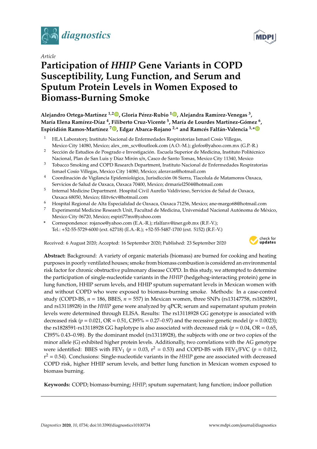 Participation of HHIP Gene Variants in COPD Susceptibility, Lung Function, and Serum and Sputum Protein Levels in Women Exposed to Biomass-Burning Smoke