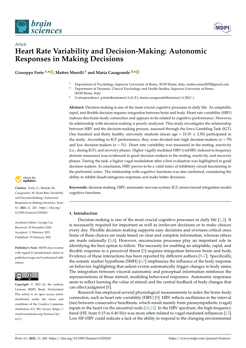 Heart Rate Variability and Decision-Making: Autonomic Responses in Making Decisions