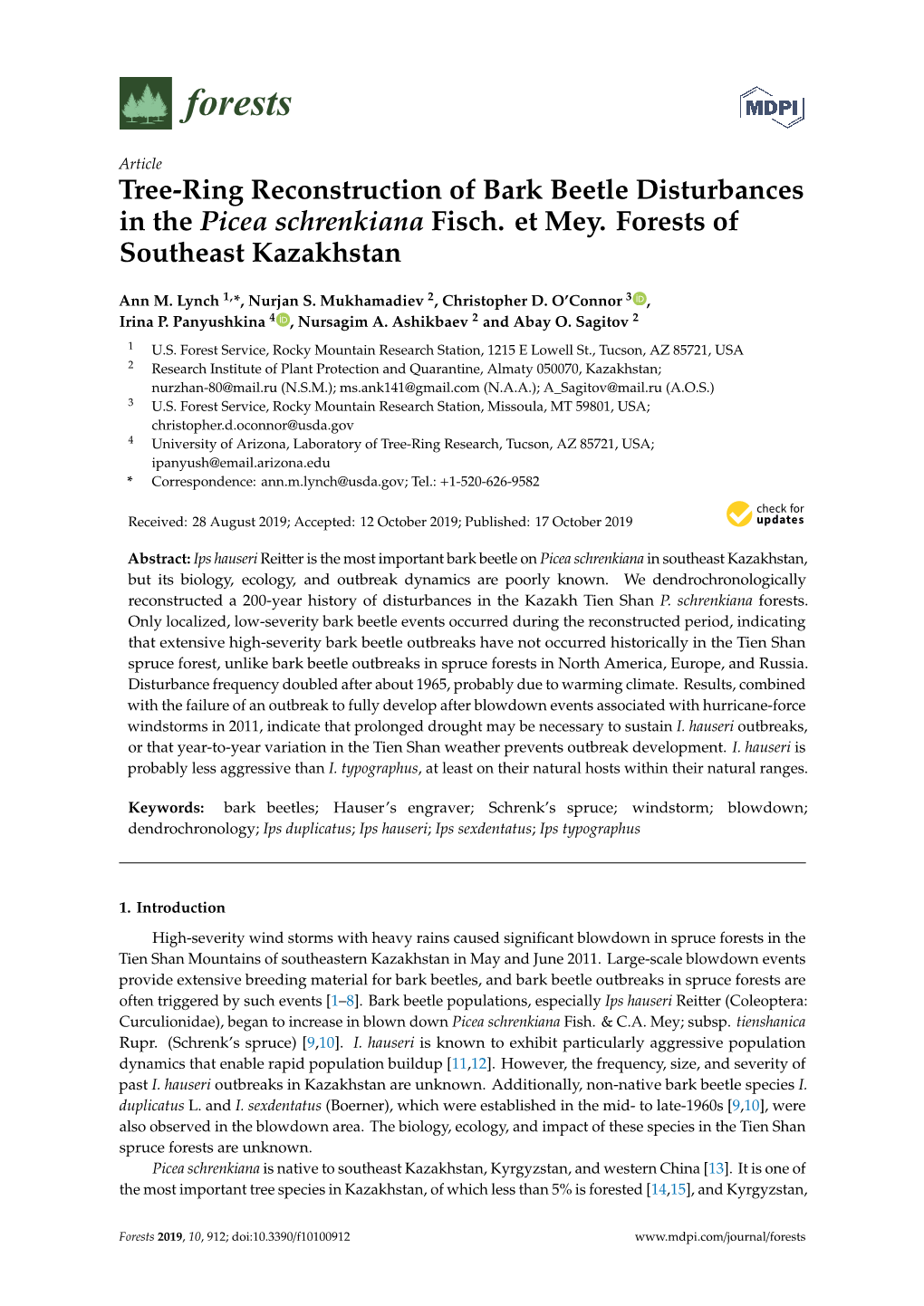 Tree-Ring Reconstruction of Bark Beetle Disturbances in the Picea Schrenkiana Fisch. Et Mey. Forests of Southeast Kazakhstan