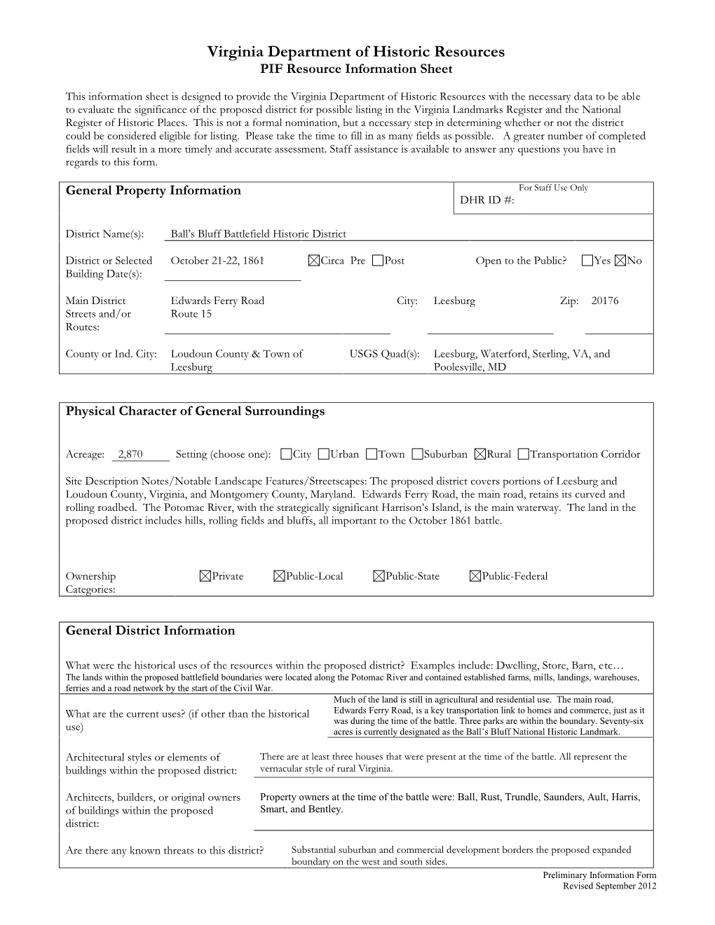 Virginia Department of Historic Resources PIF Resource Information Sheet