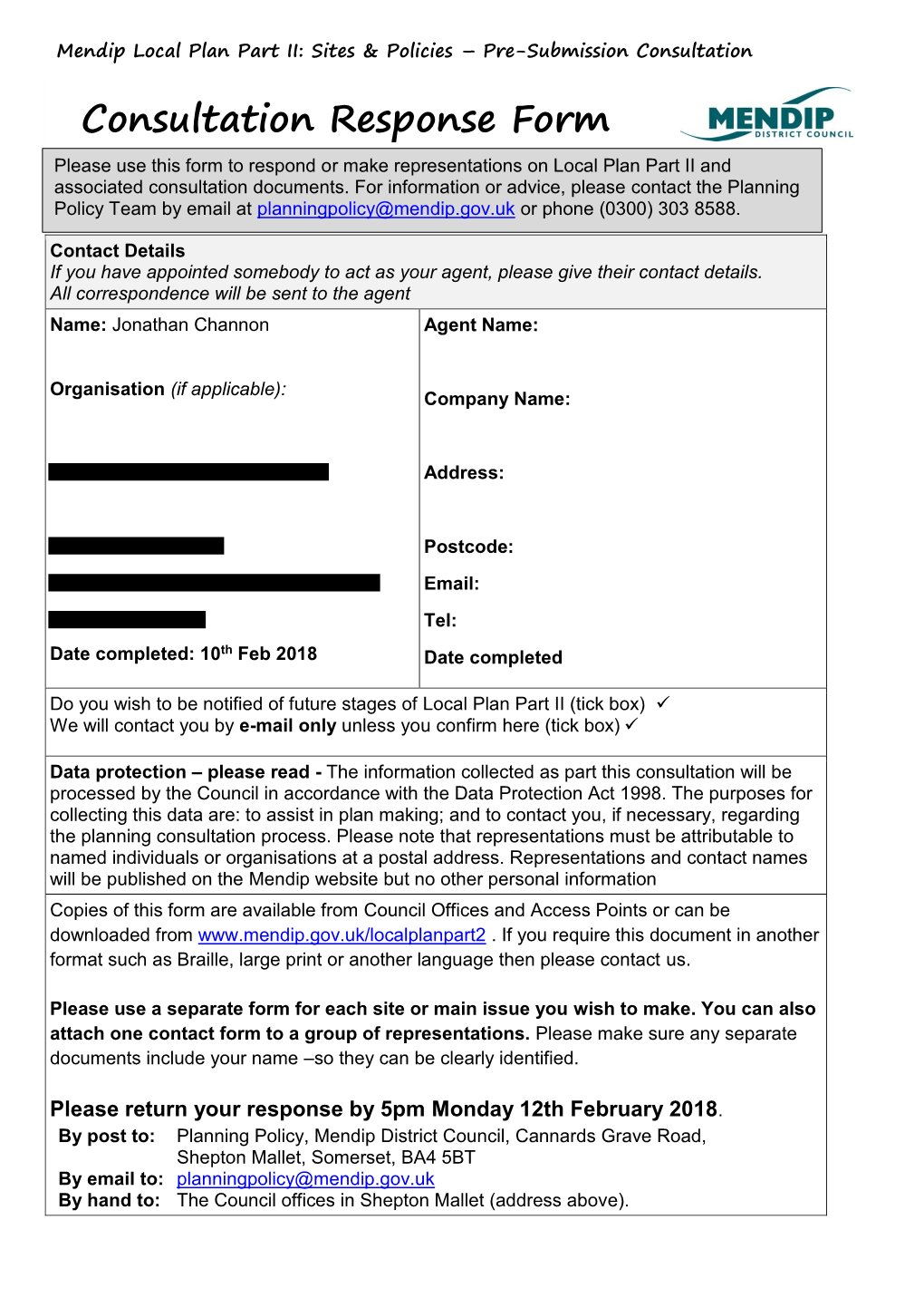 Consultation Response Form Please Use This Form to Respond Or Make Representations on Local Plan Part II and Associated Consultation Documents