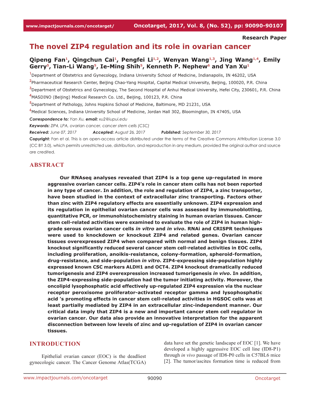 The Novel ZIP4 Regulation and Its Role in Ovarian Cancer