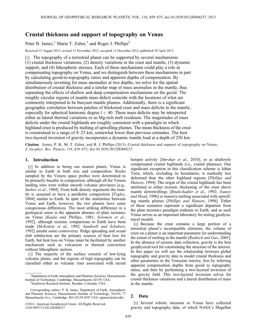 Crustal Thickness and Support of Topography on Venus Peter B