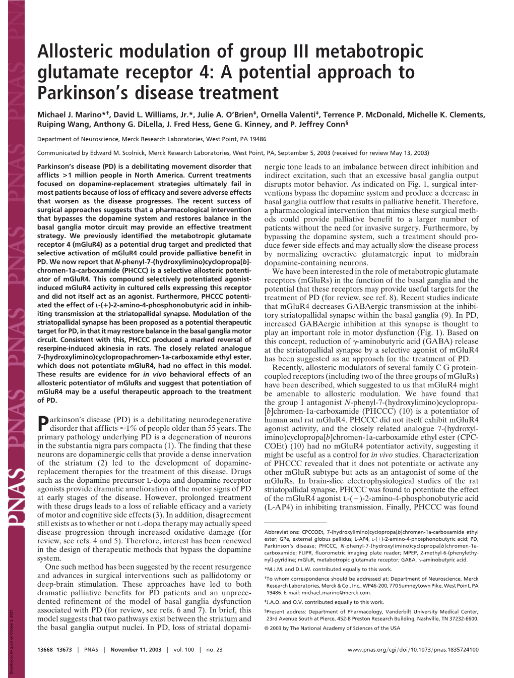 Allosteric Modulation of Group III Metabotropic Glutamate Receptor 4: a Potential Approach to Parkinson’S Disease Treatment