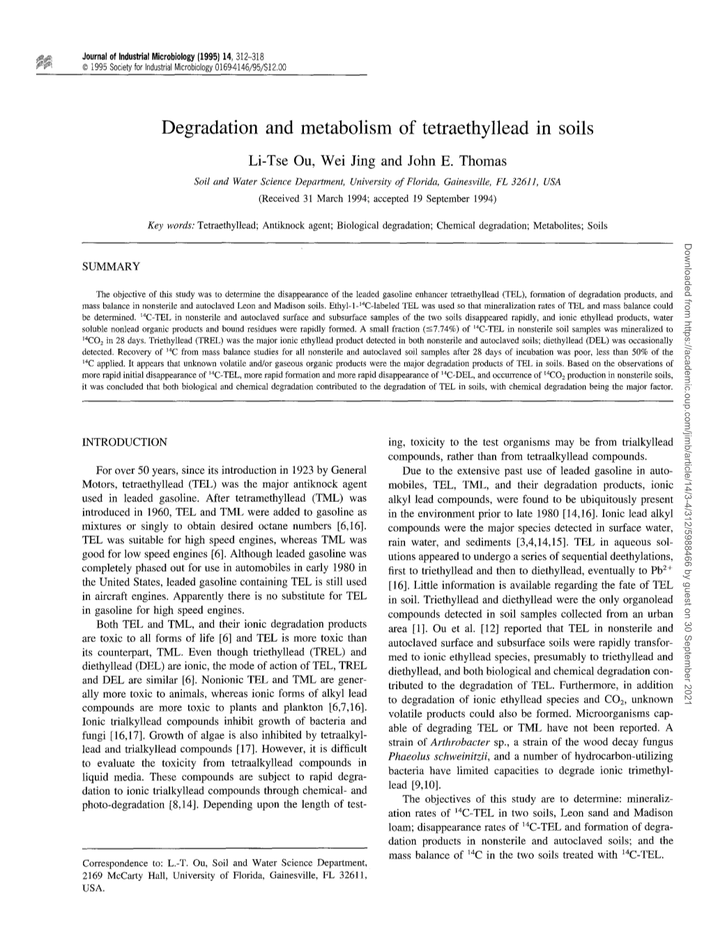 Degradation and Metabolism of Tetraethyllead in Soils