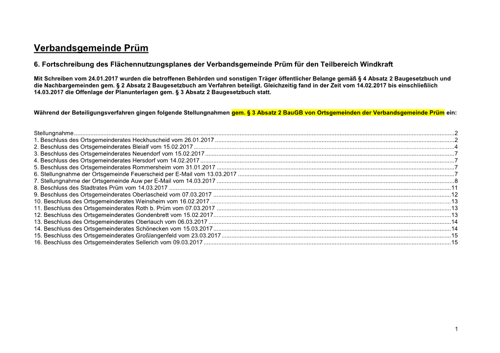 6. Fortschreibung Des Flächennutzungsplanes Der Verbandsgemeinde Prüm Für Den Teilbereich Windkraft