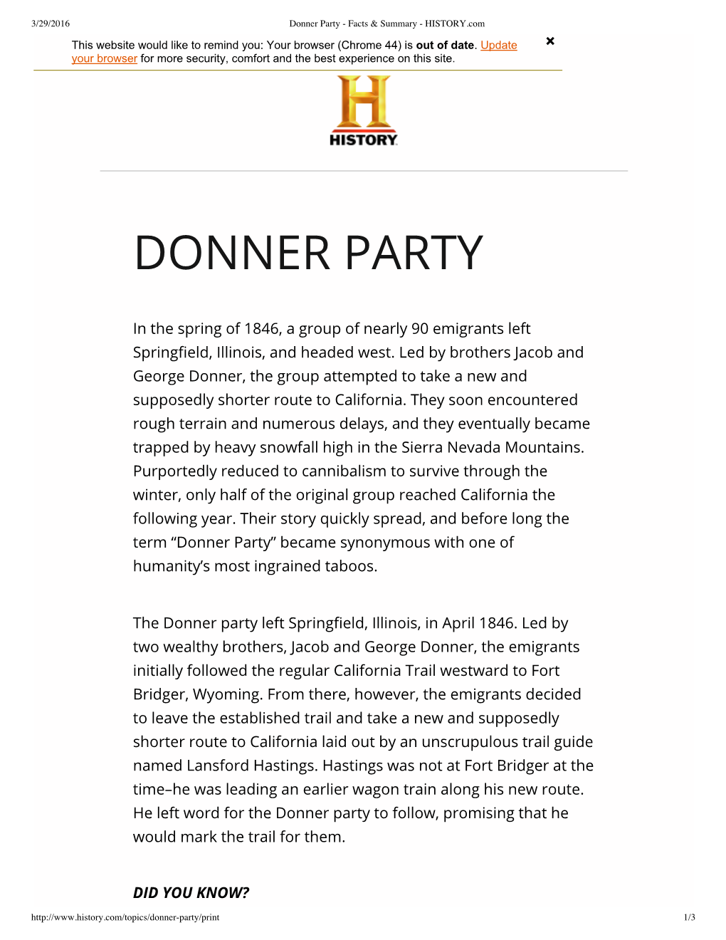 Donner Party - Facts & Summary - HISTORY.Com This Website Would Like to Remind You: Your Browser (Chrome 44) Is out of Date