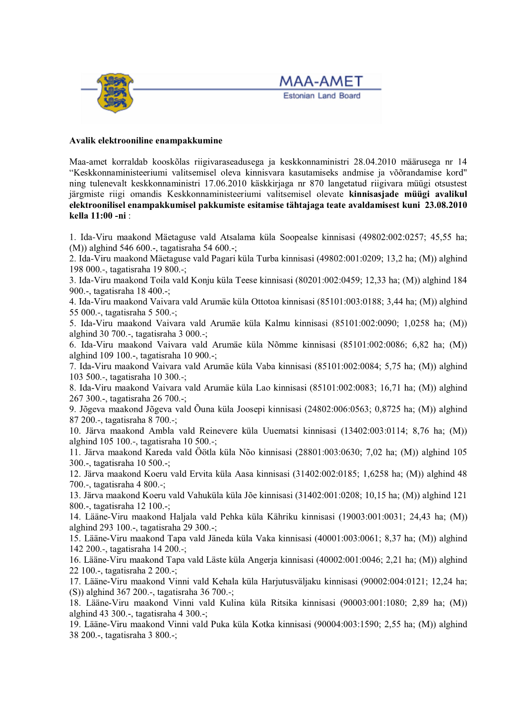 Avalik Elektrooniline Enampakkumine Maa-Amet Korraldab Kooskõlas