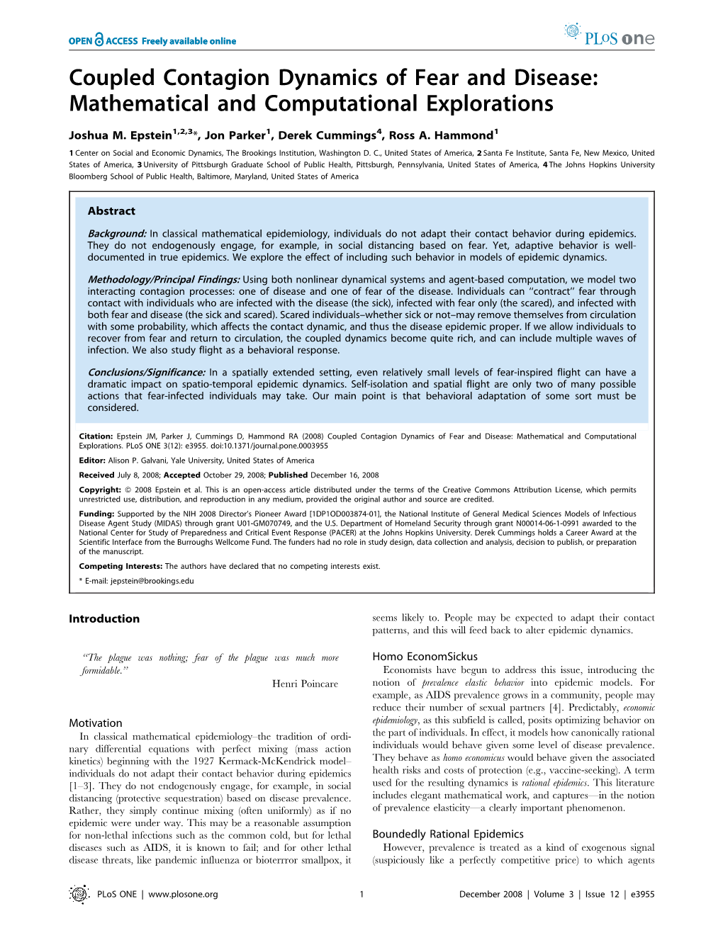 Coupled Contagion Dynamics of Fear and Disease: Mathematical and Computational Explorations