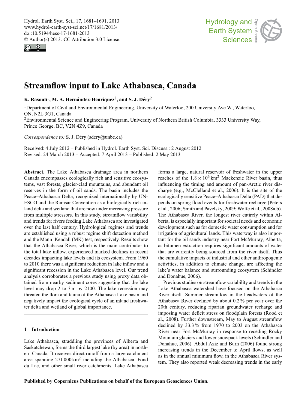 Streamflow Input to Lake Athabasca, Canada