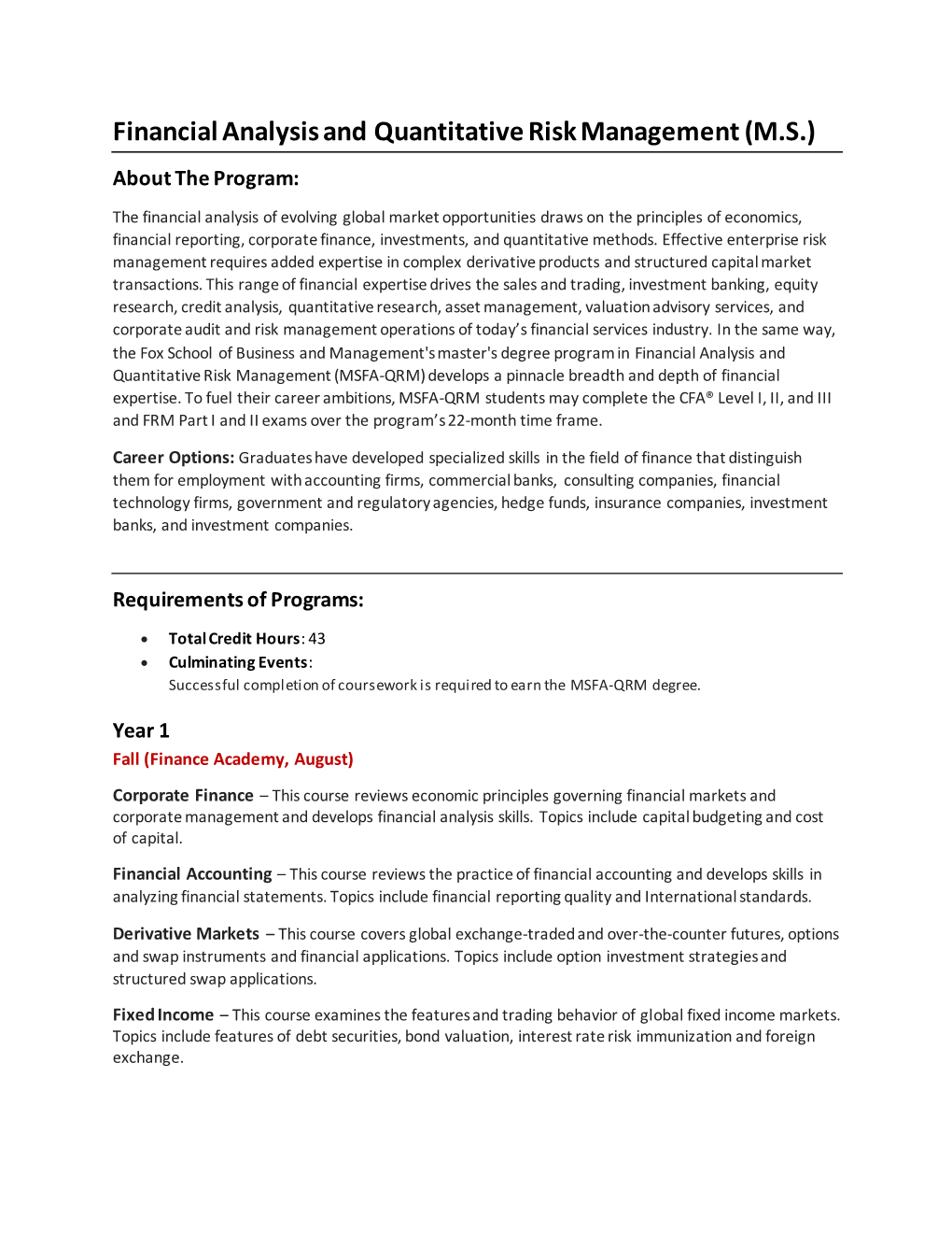 Financial Analysis and Quantitative Risk Management (M.S.) About the Program