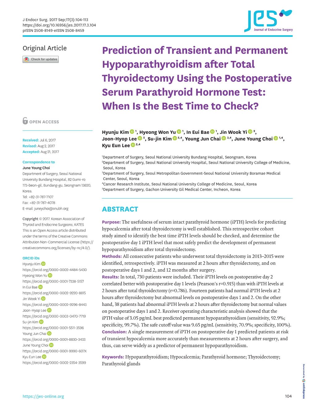 Prediction of Transient and Permanent Hypoparathyroidism After Total