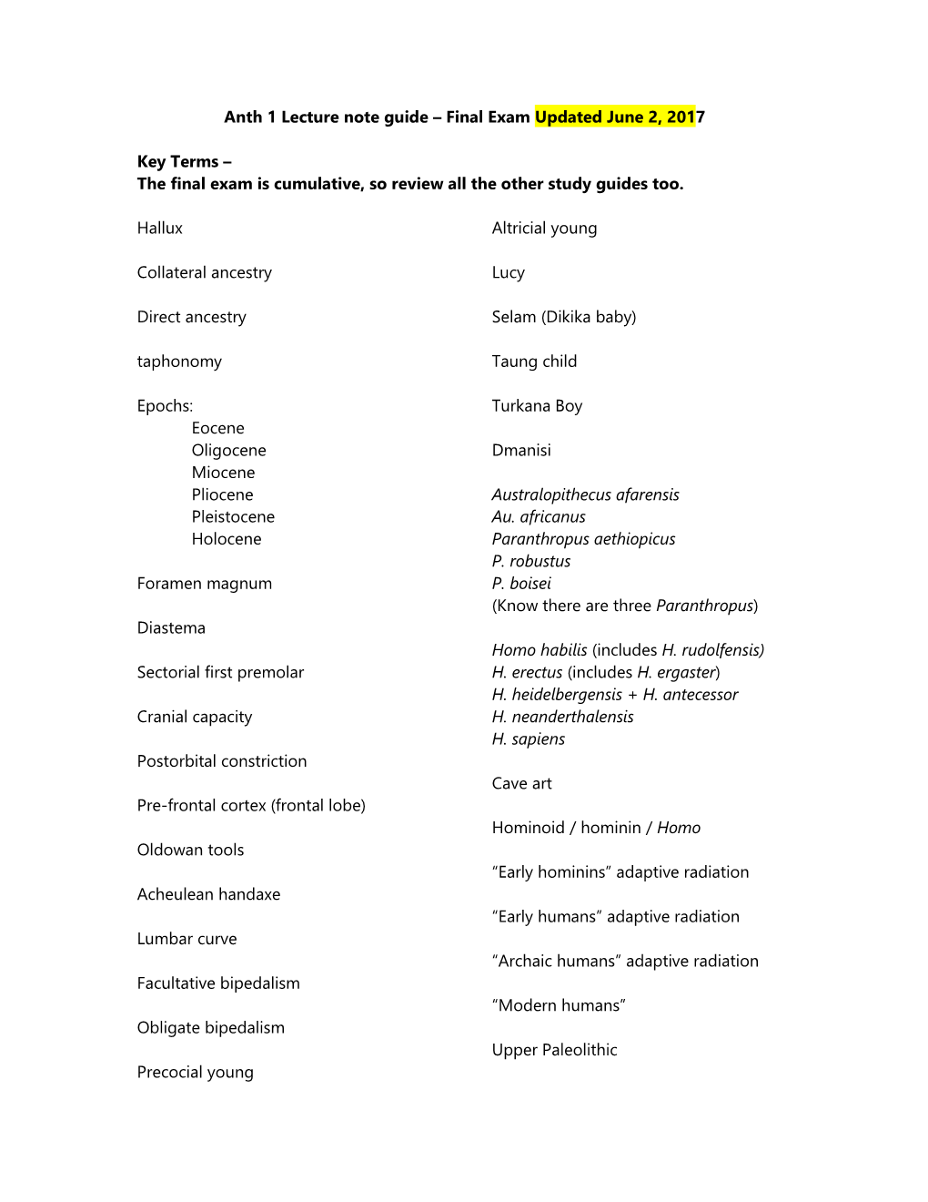 Anth 1 Lecture Note Guide – Final Exam Updated June 2, 2017 Key