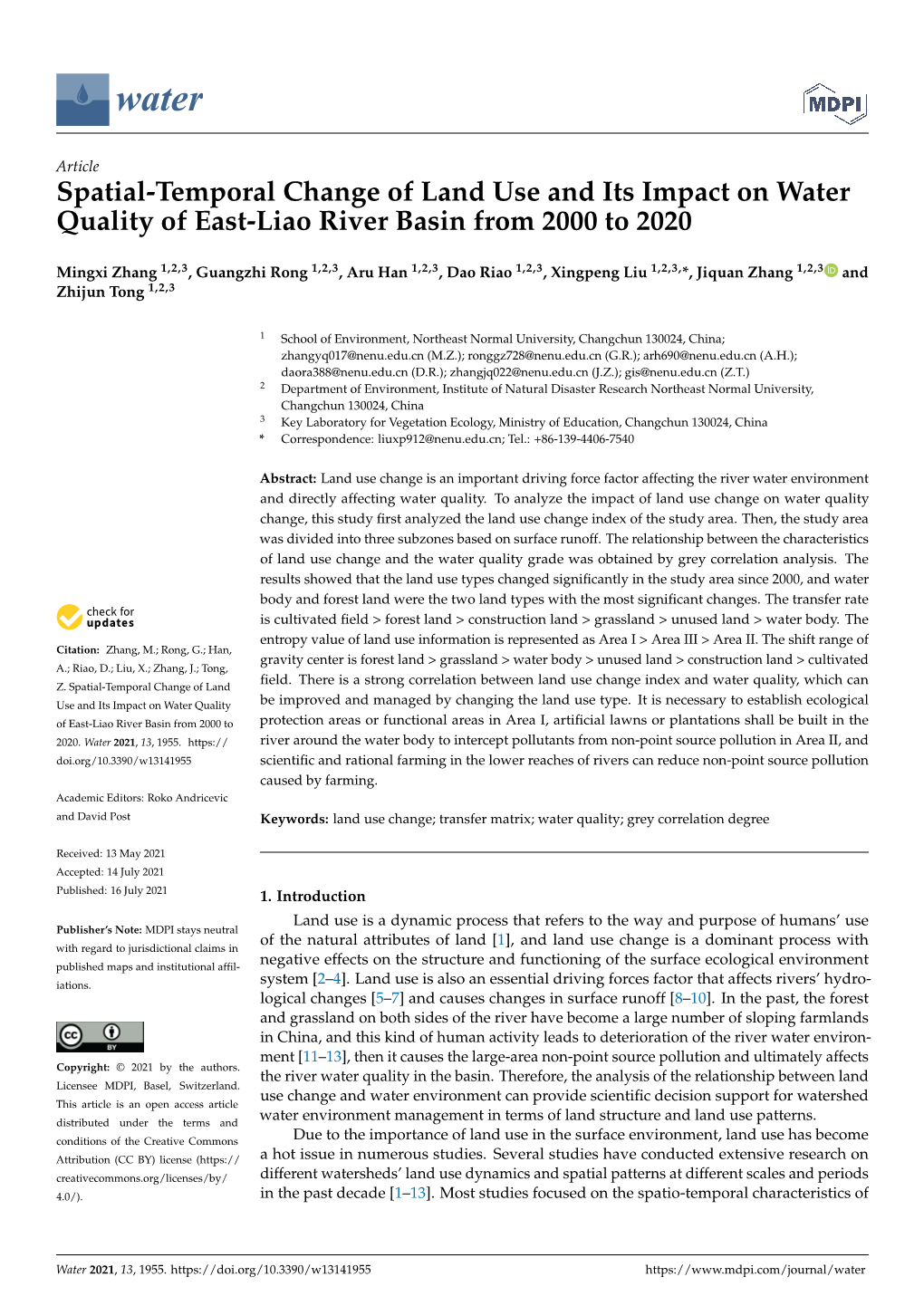 Spatial-Temporal Change of Land Use and Its Impact on Water Quality of East-Liao River Basin from 2000 to 2020