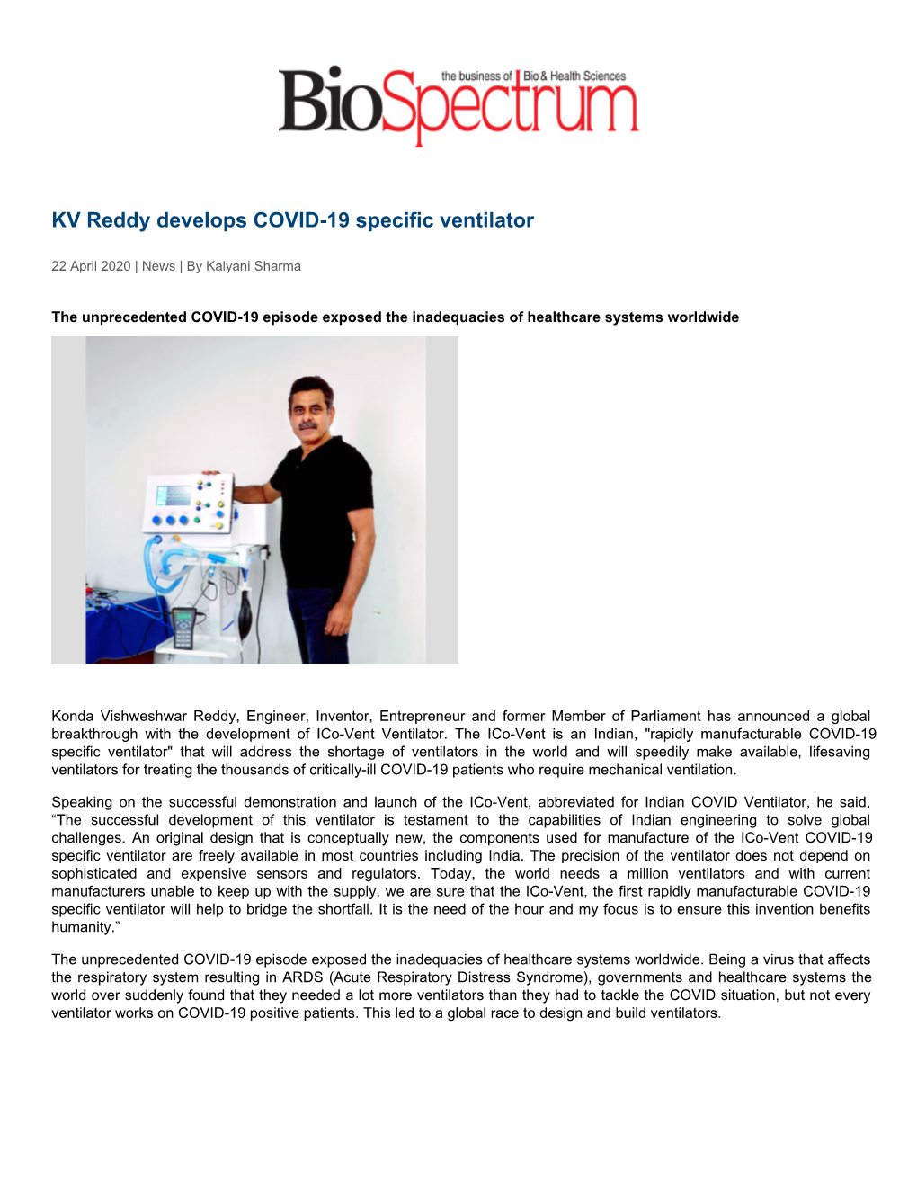 KV Reddy Develops COVID-19 Specific Ventilator