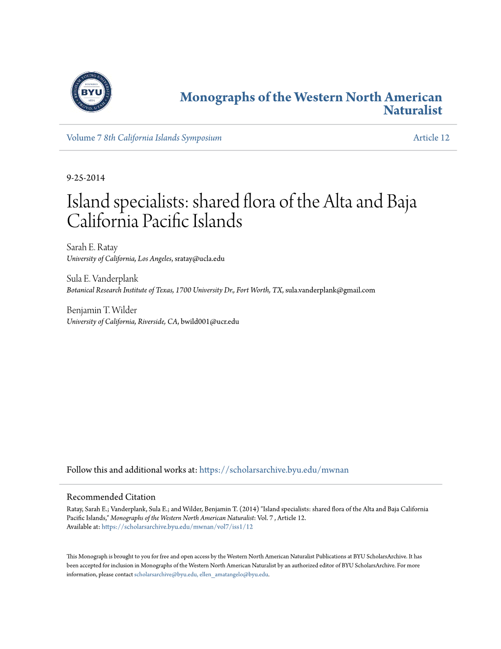 Shared Flora of the Alta and Baja California Pacific Islands