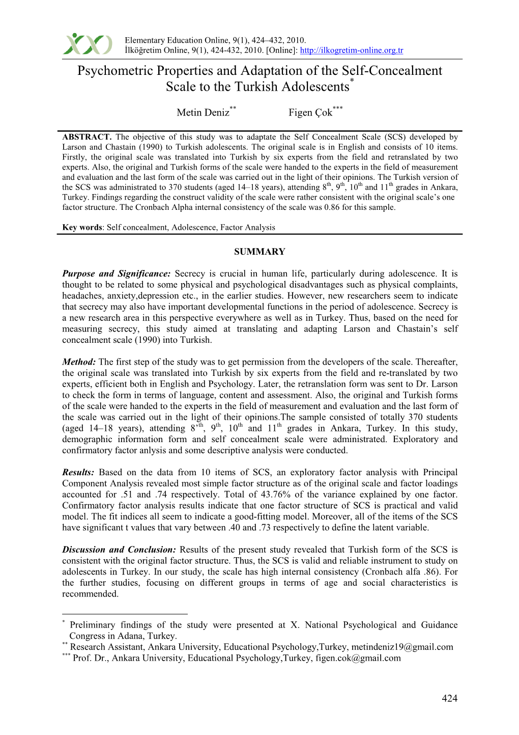 Psychometric Properties and Adaptation of the Self-Concealment Scale to the Turkish Adolescents*