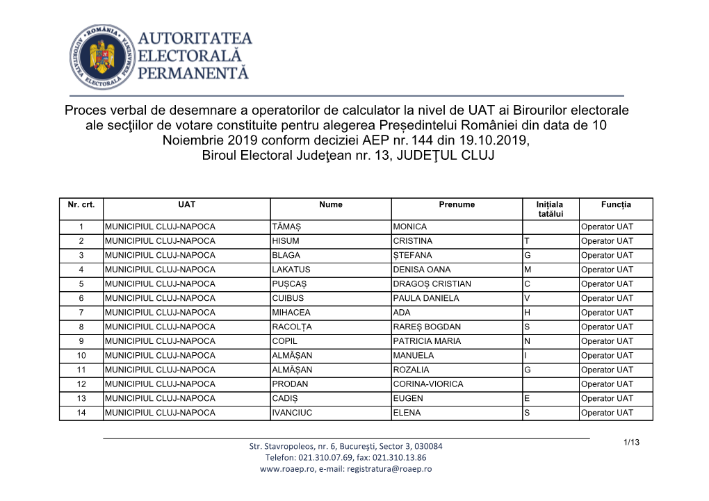 Proces Verbal De Desemnare a Operatorilor De Calculator La Nivel De UAT Ai Birourilor Electorale Ale Secġiilor De Votare Consti