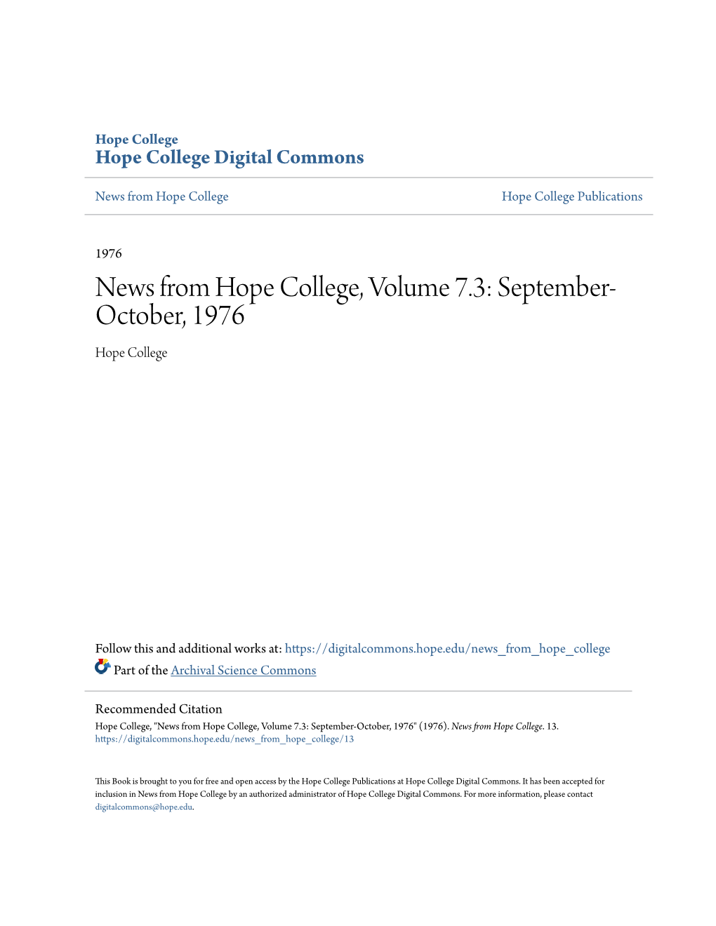 News from Hope College, Volume 7.3: September-October, 1976