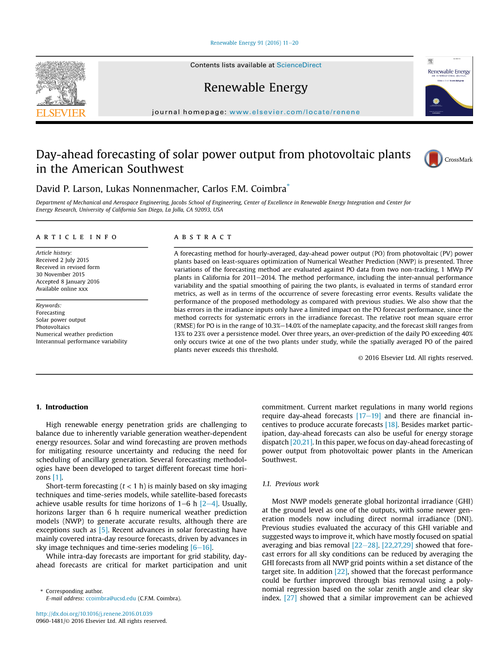 Day-Ahead Forecasting of Solar Power Output from Photovoltaic Plants in the American Southwest