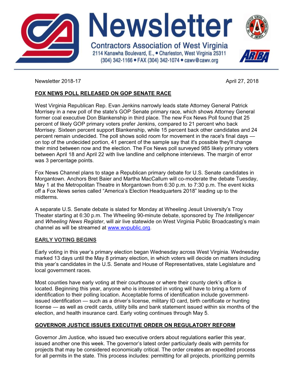 Newsletter 2018-17 April 27, 2018 FOX NEWS POLL RELEASED ON